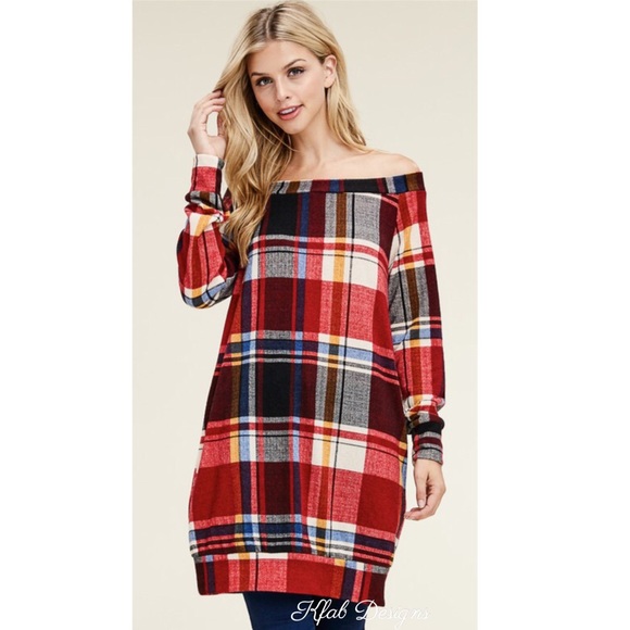❤️LAST ONE! Off Shoulder Plaid Tunic w/Side Pockets! - Picture 6 of 7